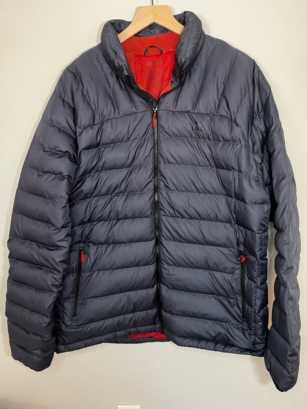 L.L. Bean Gray 650 Down Puffer Jacket with Orange Trim Men’s XL Tall